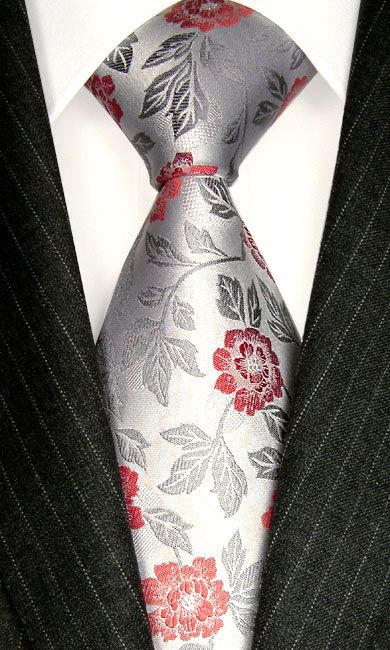 84386 US LORENZO CANA ITALIAN SILK TIE SILVER FLORAL  