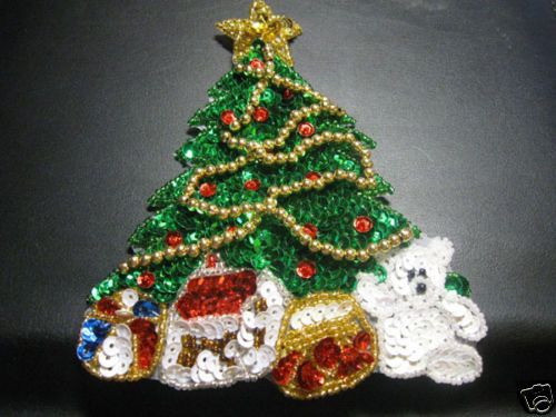 CHRISTMAS TREE SEQUIN BEADED APPLIQUE 0802  