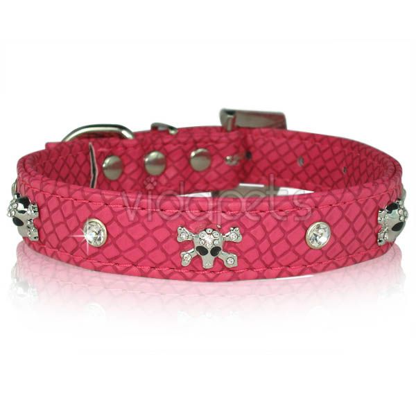 11 14 Pink Leather Rhinestone Skull Dog Collar S M  