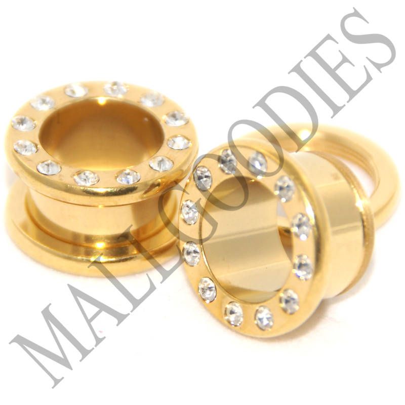 V010 Screw on Gold CZ Steel Flesh Tunnels Plugs 10G~1  