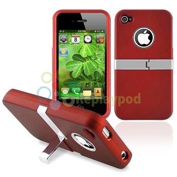 DELUXE Red CLIP ON HARD CASE COVER W/CHROME STAND FOR iPhone 4 G 4TH 