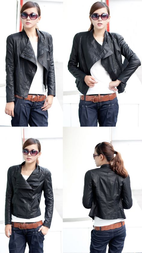 CJ104 WOMENS FAUX LEATHER JACKET BLACK PU MOTORCYCLE  