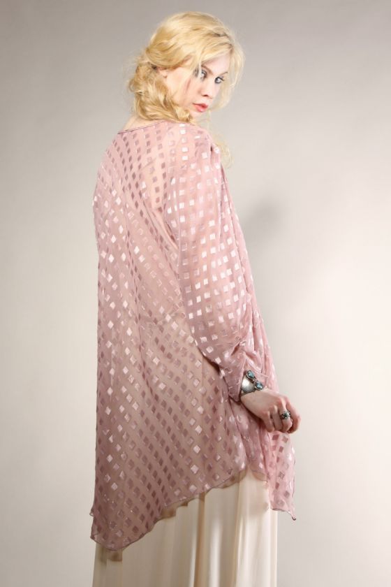 VINTAGE SHEER PINK KIMONO BED JACKET Vtg 90s Boho Festival Chiffon 