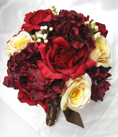 17 pc Bridal Bouquet wedding flowers APPLE RED FALL  