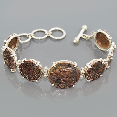 Rare Symbolized Copper Coins 925 Sterling Silver Bracelet Size 7 1/2 