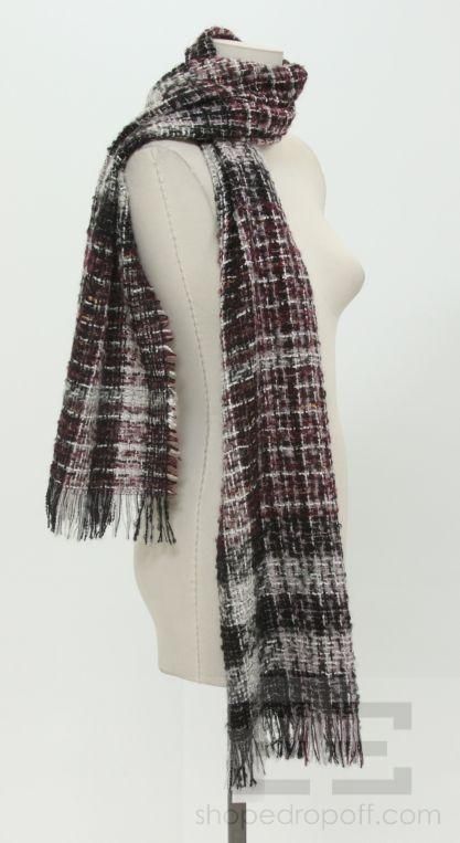 Burberry Black & Maroon Wool Tweed Scarf  