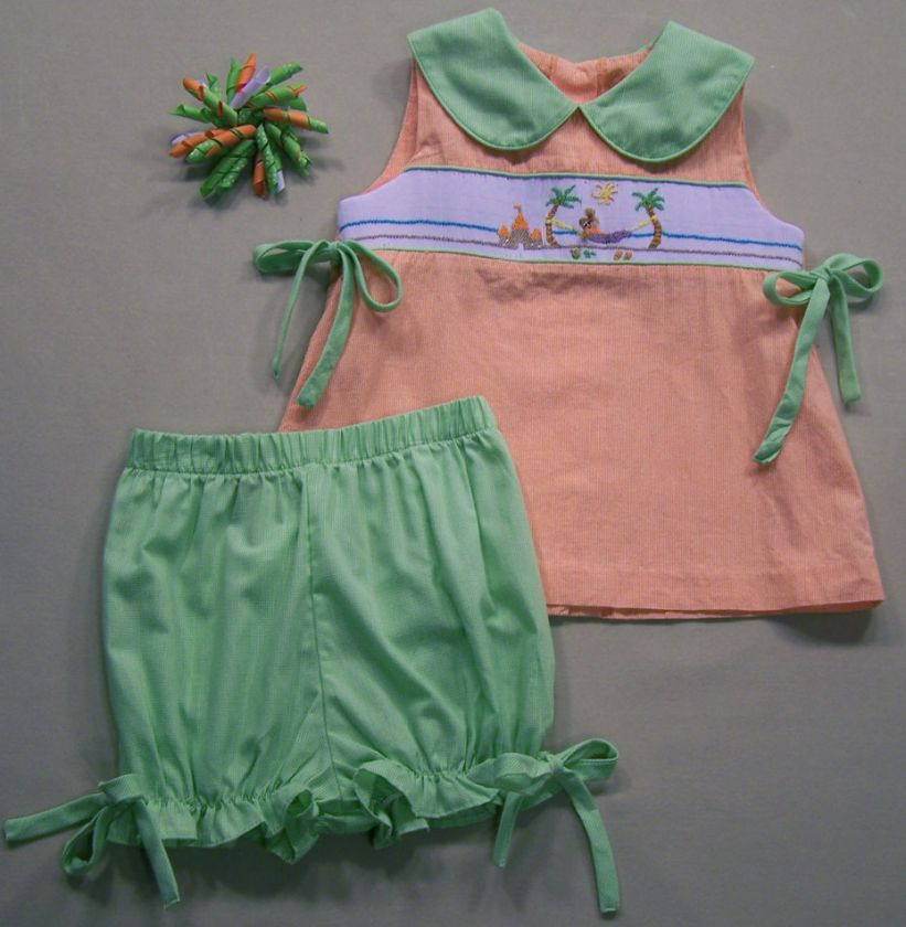 SECRET WISHES 2 pc. Smocked Beach Sand Castles Top & Bloomers w/Bow Sz 