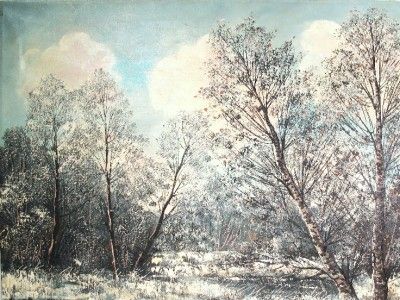 VINTAGE OIL PAINTING CANVAS FOREST WINTER LANDSCAPE SG  