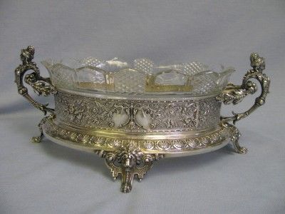 Antique c1880 Sterling Silver Elaborate Centerpiece Bowl Cut Glass 