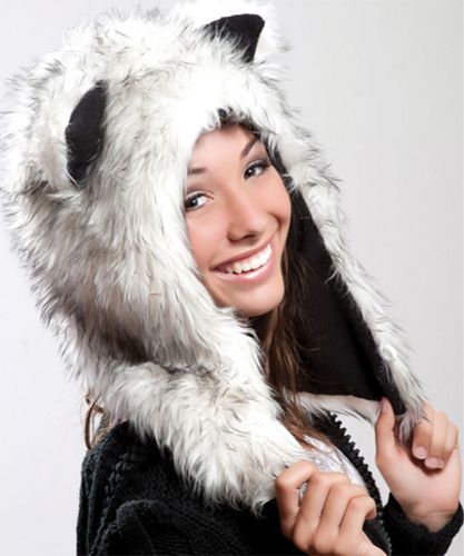   Fur Plush 3D Half Animal Hood Hat Ear Flaps White Gray Husky  