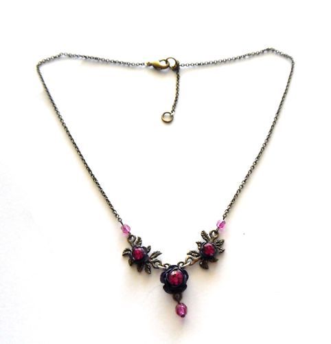 VINTAGE 80S BRONZE PURPLE ROSE PINK CRYSTAL NECKLACE  