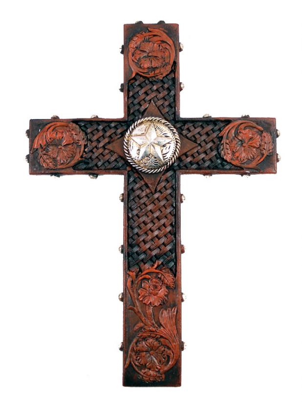 Western Wall Cross Silver Star Flowers Conchos Tooled Leather Look 