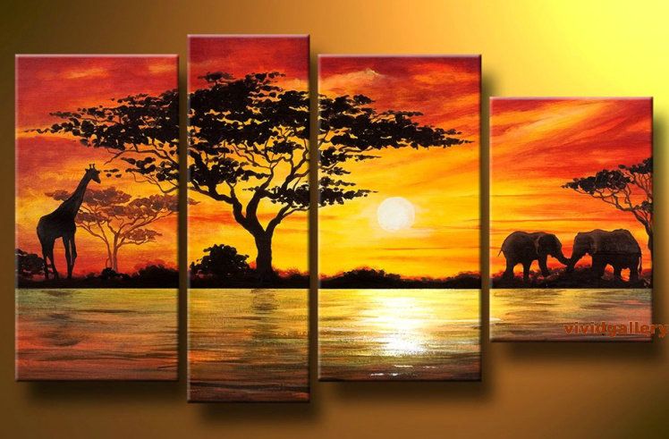   Oil Painting 72x48 Landscape African Elephants River GL023  