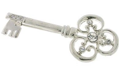 New Vintage Silver Tone Crystal Key Brooch Steampunk  