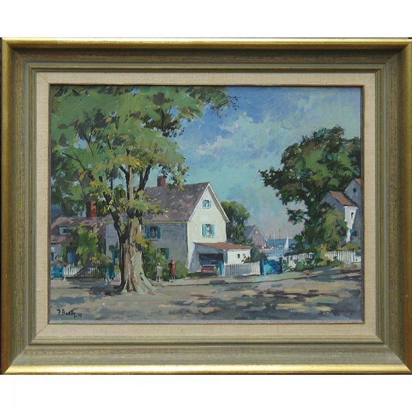 Frank Beatty Rockport street scene, vintage oil, listed artist 