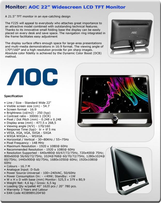 AOC 22 inch WIDESCREEN LCD COMPUTER MONITOR SCREEN  