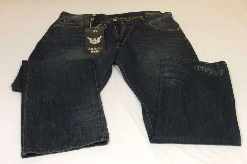 Mens Attitude Gold Brooklyn Fit Jeans Distressed 38x32  