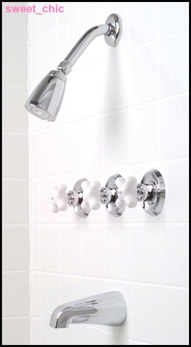 CHROME TUB & SHOWER FAUCET Porcelain CROSS Handles ~NEW  