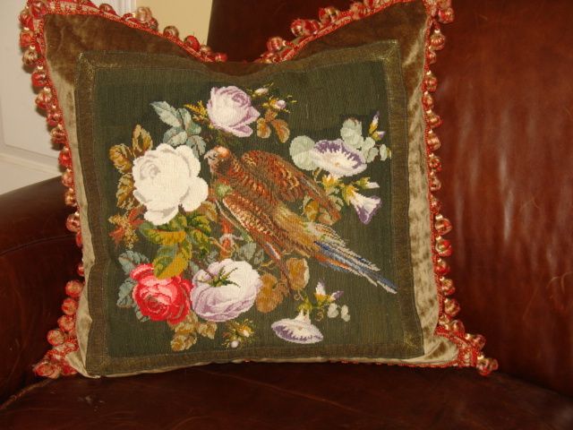 19THc VICTORIAN PHEASANT NEEDLEPOINT PILLOW~ANTIQUE TRM  