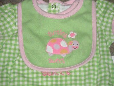 NWT Green White 2 pc Baby Girl Outfit Turtle Bib 3 6 mo  