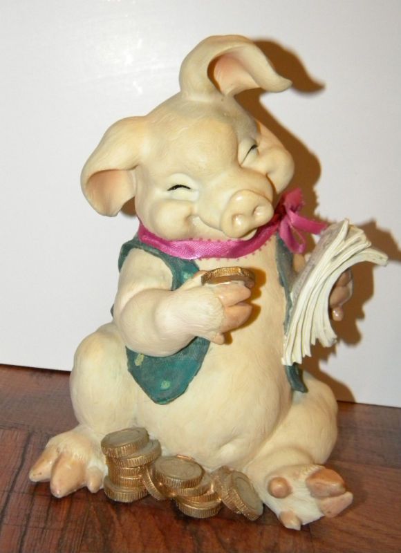 Unique Sculpted Resin Piggy Bank w/ Coins & Cash, LOOK  