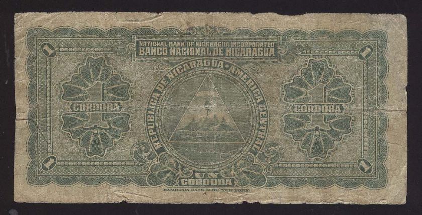 NICARAGUA VERY RARE 1 CORDOBA 1938 HAMILTON BANK NOTE★  