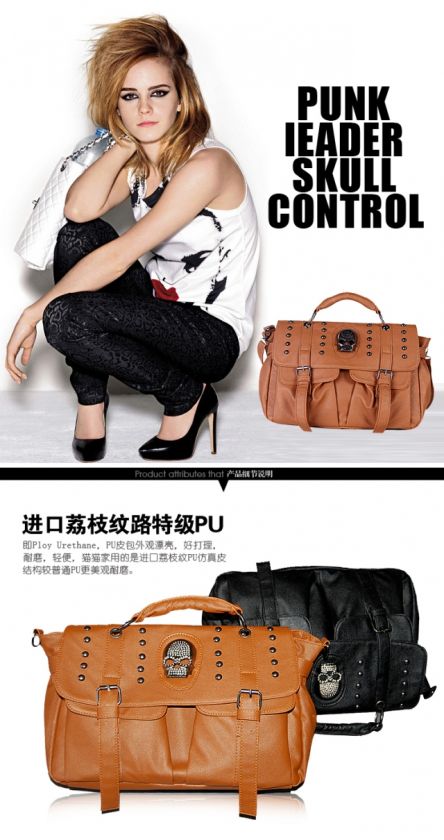 Punk Skull Rivet Shoulder Handbag Pu Leather Hobo Bag School Satchel 