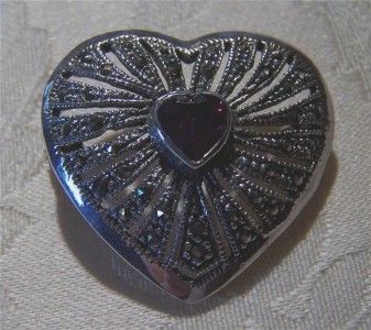 ANTIQUE SILVER MARCASITE AMETHYST BOLD BEART PIN BROOCH  