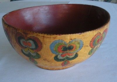 188os hand carved painted wooden bowl Norway 9 x 4 in  