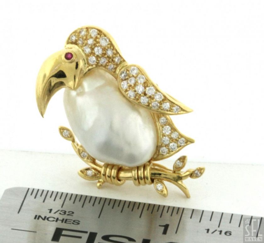   GOLD VS1/F DIAMOND/RUBY/BAROQUE PEARL TOUCAN/PARROT/BIRD BROOCH  