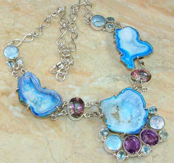 BLUE TOPAZ AGATE CRYSTAL PENDANT AMETHYST NECKLACE DRUZY STERLING 