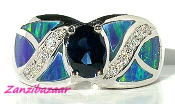 14K WHITE GOLD BLUE SAPPHIRE, OPAL INLAY & DIAMOND RING  