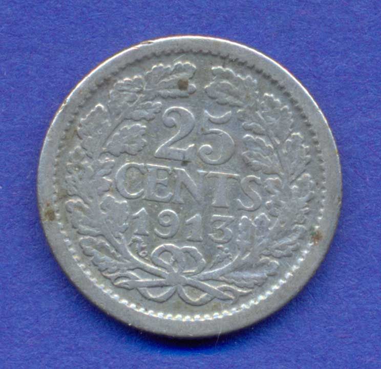 NETHERLANDS 25 CENTS 1913   KM146   T37  