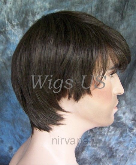 MENS WIGS Long full side swept bangs man Chestnut Brown Wig US Seller 