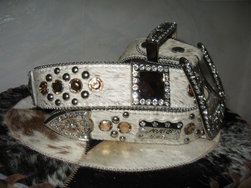 WESTERN LADIES BLING COWGIRL CREAM BRINDLE COWHIDE AMBER CONCHOS 