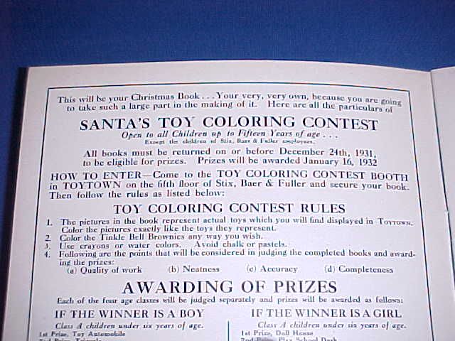 1931 STIX, BAER & FULLER SANTA TOY COLORING BOOK UNUSED  