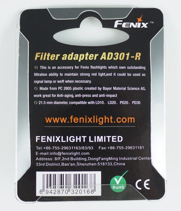 Fenix AD301 R Flashlight Red Cap Filter Adaptor for LD10 LD20 PD20 