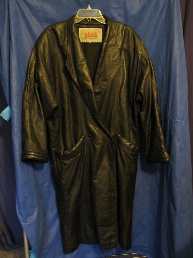 Vtg 80s CLOUT FASHIONS Leather Trench Coat DOUBLE BREASTED sz XL Goth 