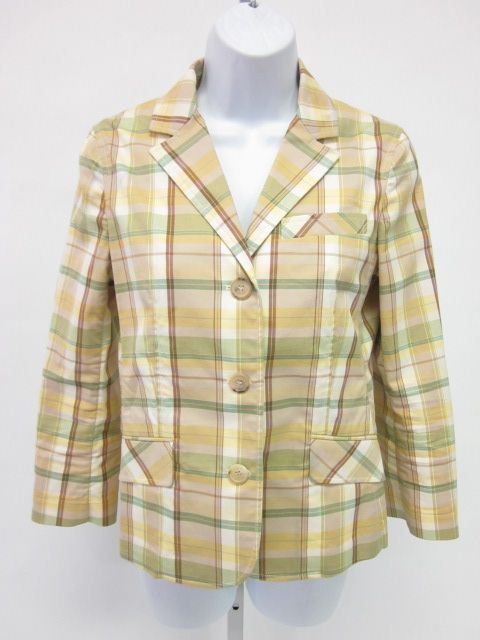 THEORY Yellow Grn Plaid 3/4 Length Sleeve Blazer Sz 8  