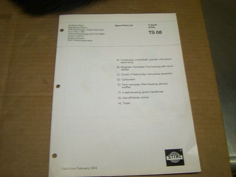 c278) Stihl Parts List TS 08 Concrete Saw DATE 1974  