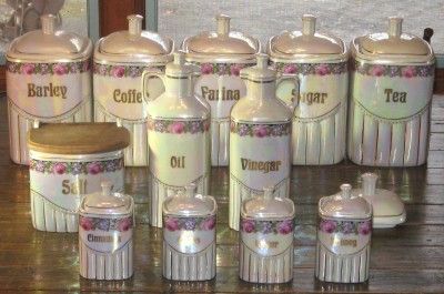 ANTIQUE 12 PIECE GERMAN GERMANY PORCELAIN CANISTER SPICE SET w/CRUETS 