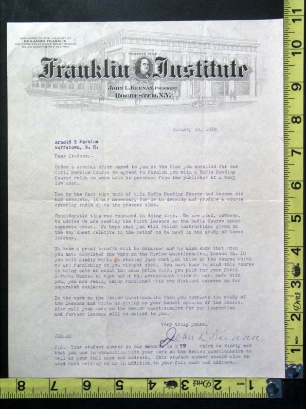 1930 Letter on Letterhead from the Franklin Institute, Rochester, N.Y 