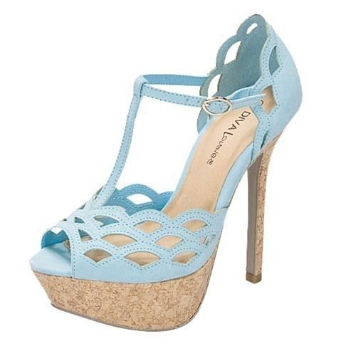 Aqua Blue Scalloped Cutout Cork Peep Toe Platform High Heel T Strap 