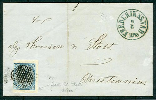 NORWAY 1855 4sk Lion Christiania w/Frederiksstad cxl  