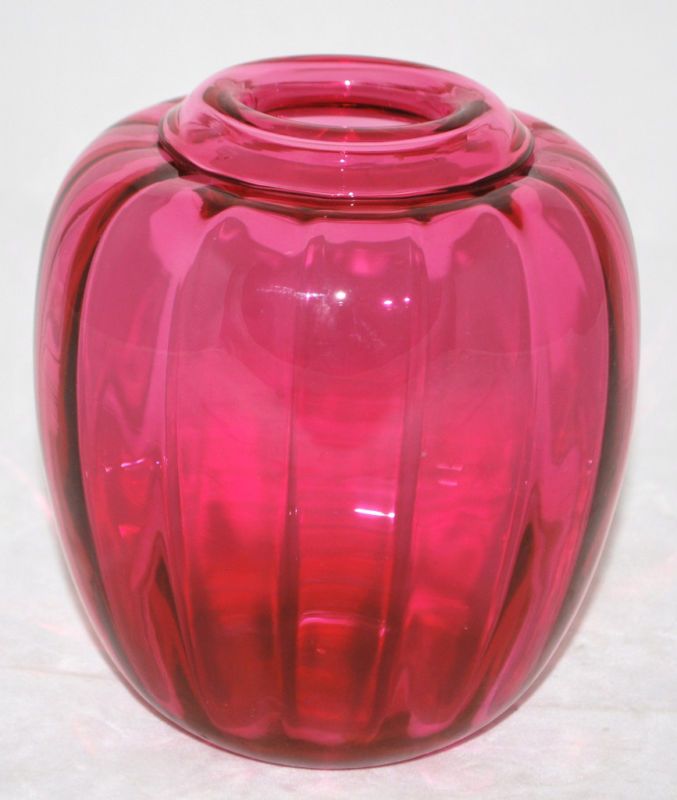 Cranberry Art Glass Vase Ribbed Handblown Ground Bottom  