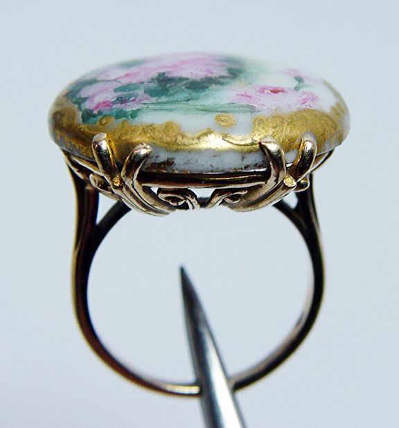 Huge Antique Hand Painted Porcelain Ring 14K Yellow Gol  