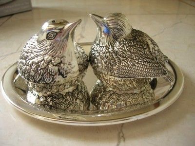 NEW IN BOX SILVER PLATED ANTIQUE BIRDS ON TRAY SALT AND PEPPER CRUET 