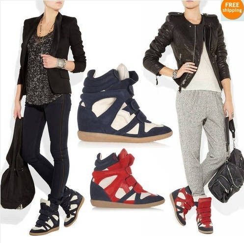  Womens Velcro Strap High TOP Wedge Heels Ankle Boots Sneakers Shoes