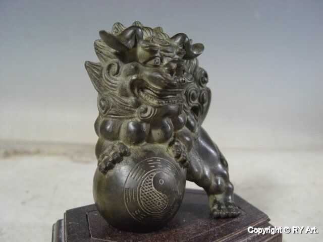 PAIR CHINESE BRONZE FOO DOG LION STATUE 5 H  