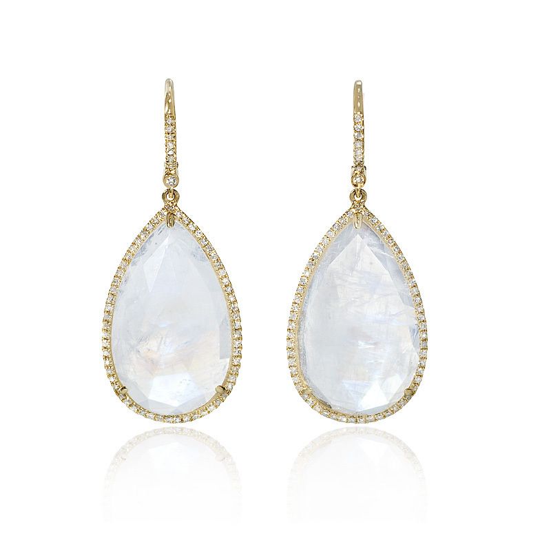 14k Yellow Gold Diamond & Moonstone Dangle Earrings  